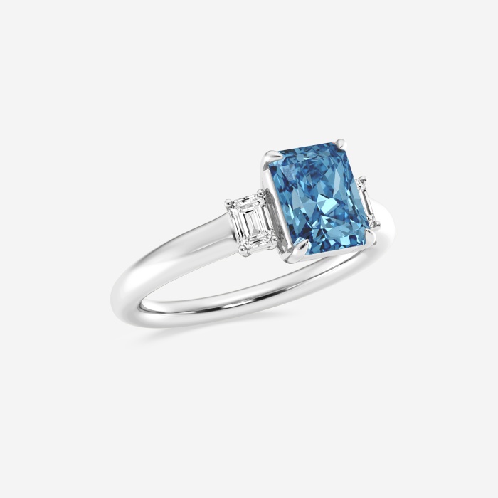 Fancy Blue With Side Emerald Cuts Radiant Three Stone Engagement Ring