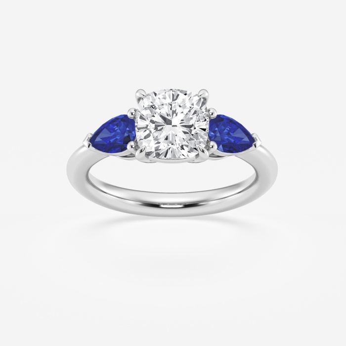 2 ctw Cushion Lab Grown Diamond and 6.0x3.8 mm Pear Shape Created Sapphire Side Stone Engagement Ring