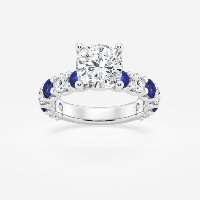 3 1/2 ctw Cushion Lab Grown Diamond and 3.5mm Round Created Sapphire Side Stone Engagement Ring