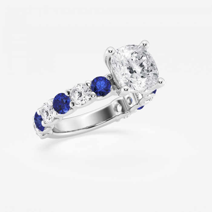 Additional Image 1 for  3 1/2 ctw Cushion Lab Grown Diamond and 3.5mm Round Created Sapphire Side Stone Engagement Ring
