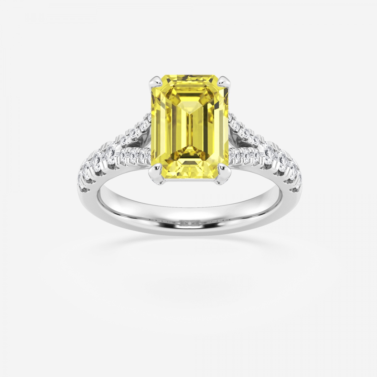 3 1/2 ctw Fancy Yellow Emerald Lab Grown Diamond Split Shank Side Stone Engagement Ring
