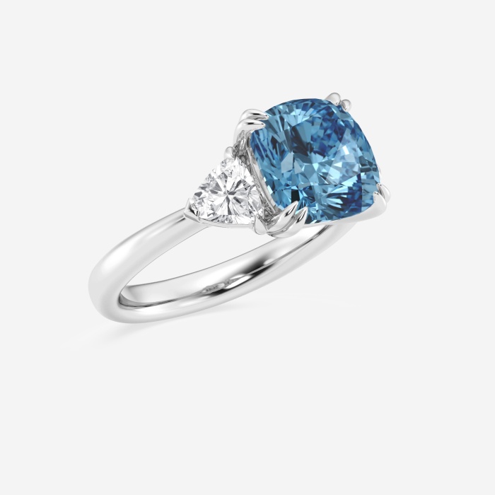 Fancy Blue Cushion Three Stone Engagement Ring