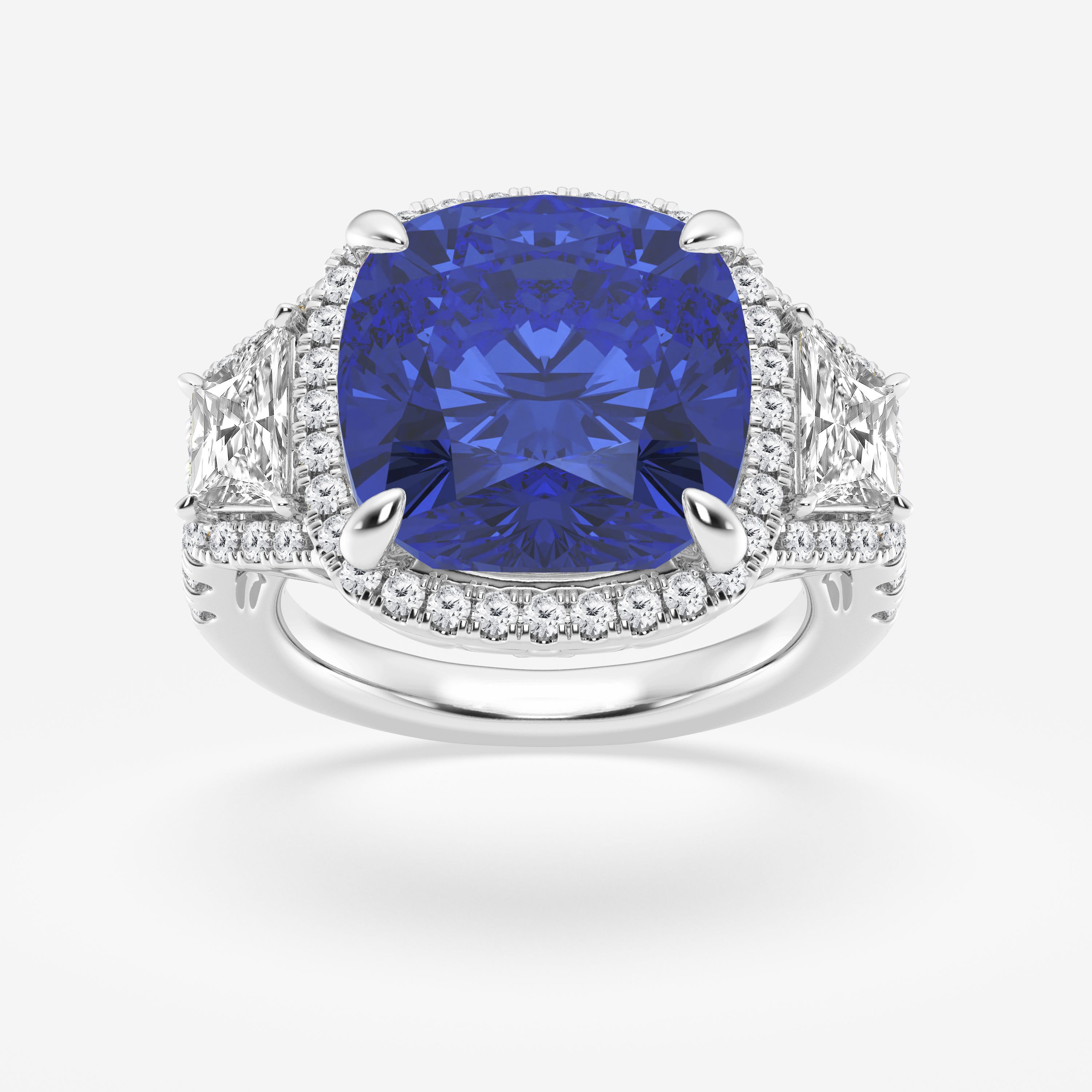 Design ID 3638 - 14x12x7.80 mm Elongated Cushion Cut Created Sapphire and 1 1/3 ctw Round and Trapezoid Lab Grown Diamond Truly Custom Rings